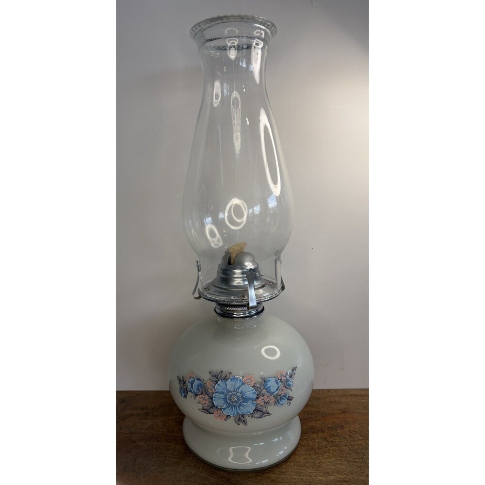 Vintage Lamplight Farms Pearly White Glass With Blue Floral Oil Lamp 14.75" New